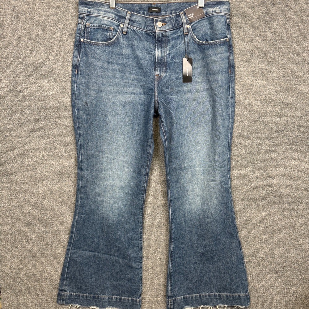 Express Womens Size 14 70S Flare Mid Rise Jeans Blue Washed Cotton Distressed
